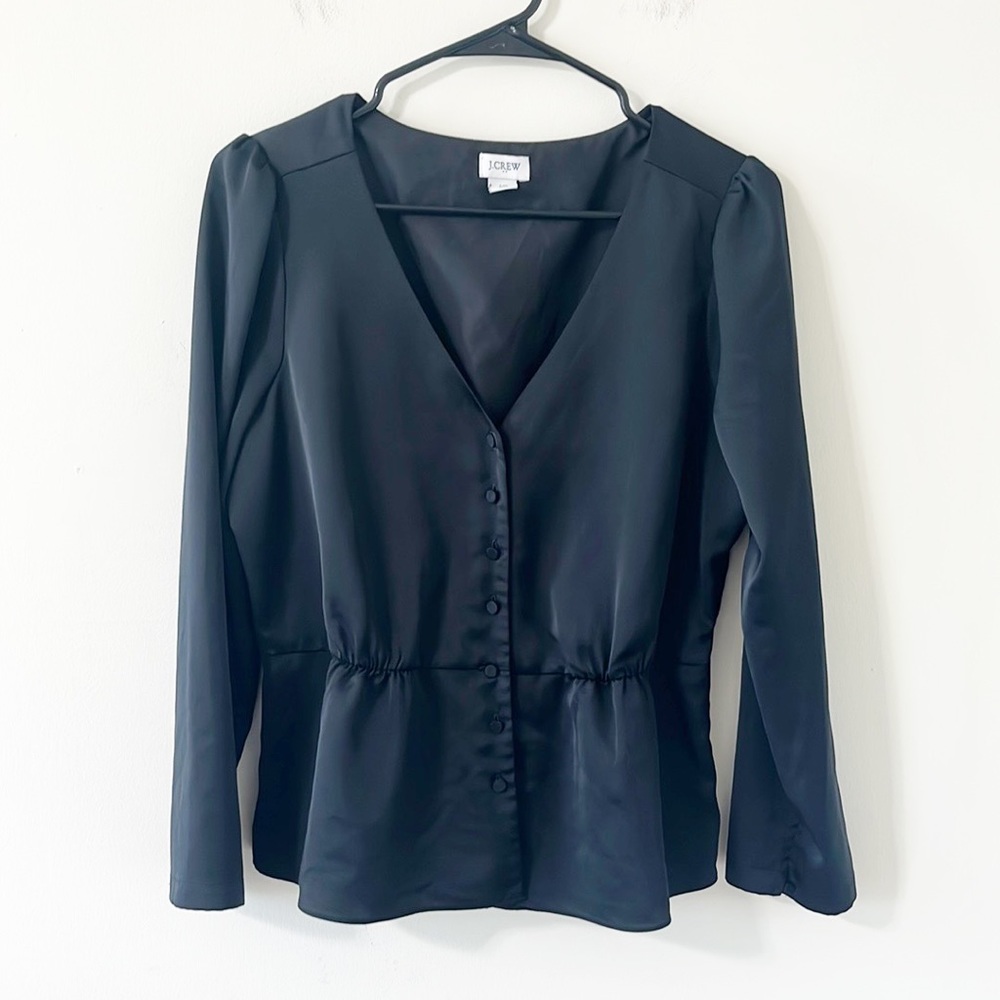 J.Crew Satin Back Crepe Button-Front Black Blouse Size 10 - Picture 1 of 11